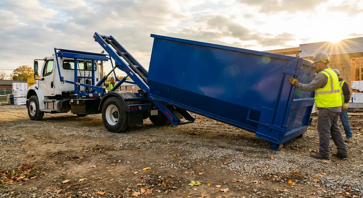Construction dumpster delivery truck at job site in Westminster, CO