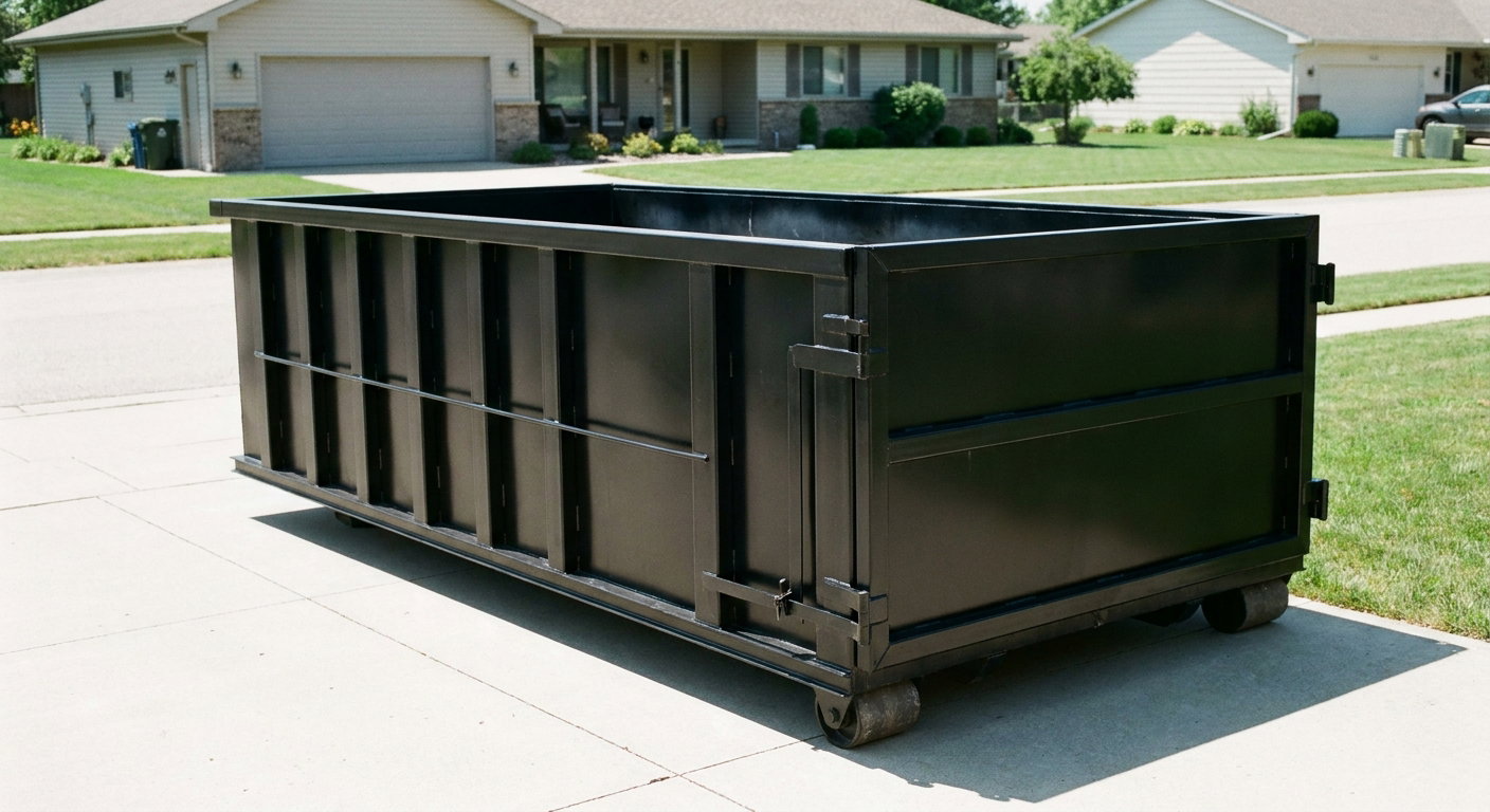 Matte-black 10-yard roll-off dumpster on a residential concrete driveway in Westminster, uniformly painted matte black across every panel and rail, ribbed steel sidewalls and rear swing door visible, mid-day daylight.