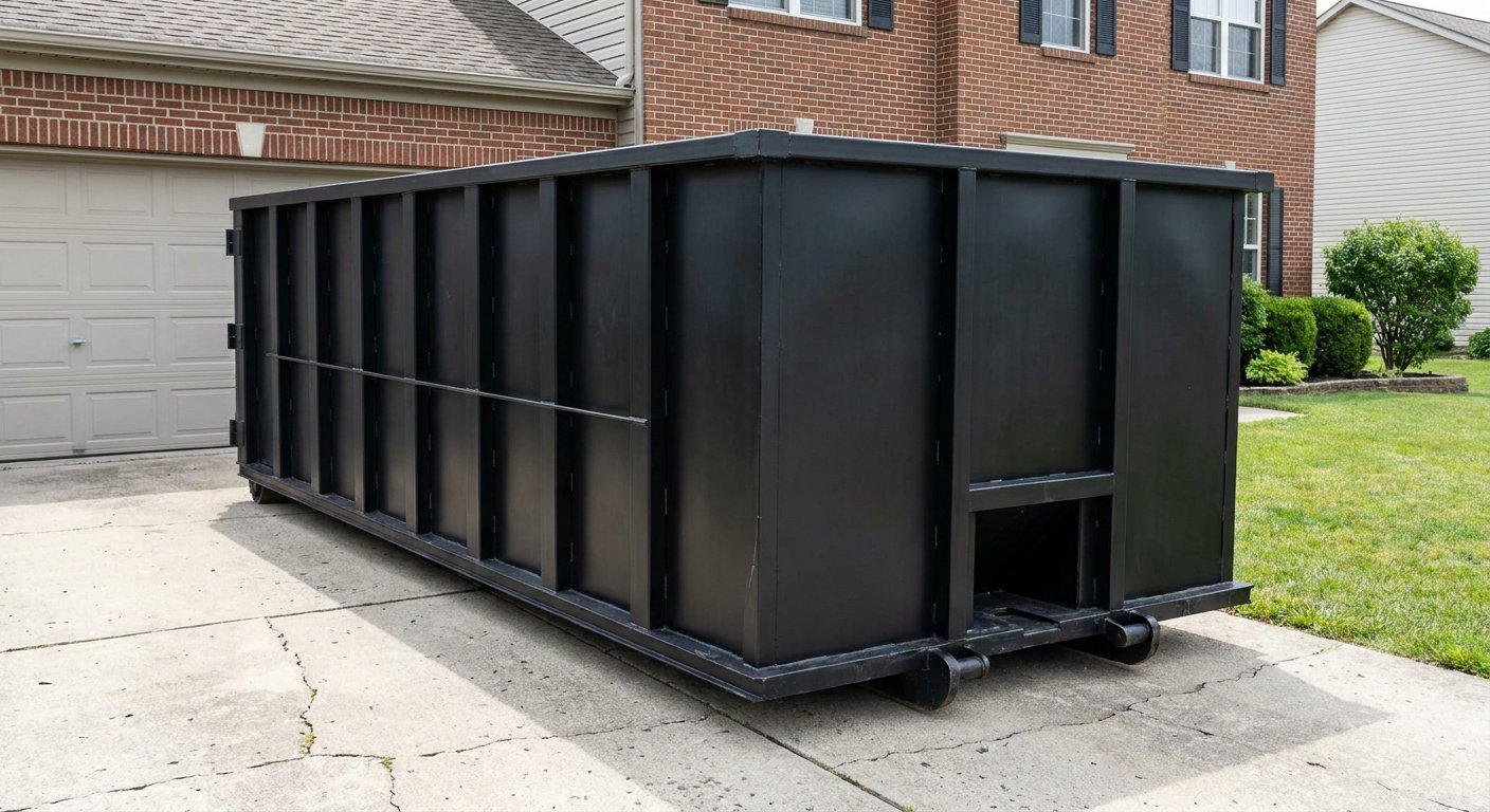 Matte-black 20-yard roll-off container on a Westminster residential concrete driveway with reinforced ribbed steel sidewalls and a hinged rear walk-in door, clean bright daylight.