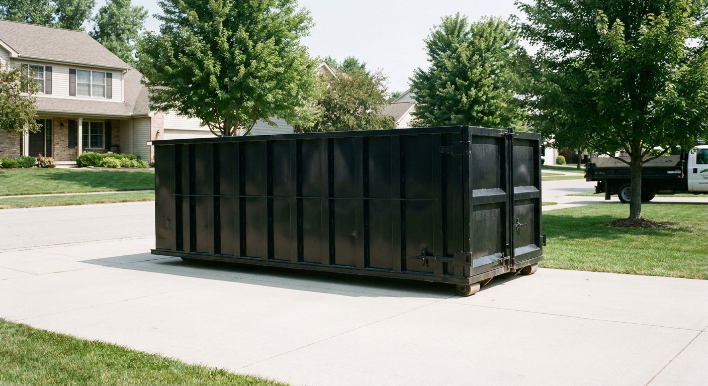 Matte-black 20-yard roll-off dumpster sitting level on a clean Westminster residential concrete driveway under bright daylight, demonstrating clean placement directly on the concrete.