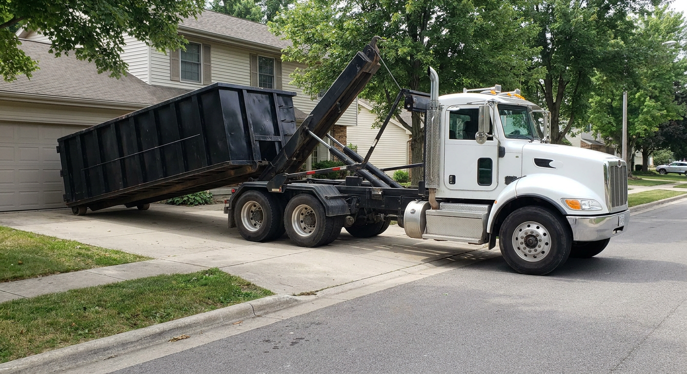 White-cab hooklift roll-off truck actively lowering a matte-black dumpster onto a Westminster residential concrete driveway, the dumpster's rear wheels touching the driveway as the hoist arm tilts the bed forward, mid-morning daylight.