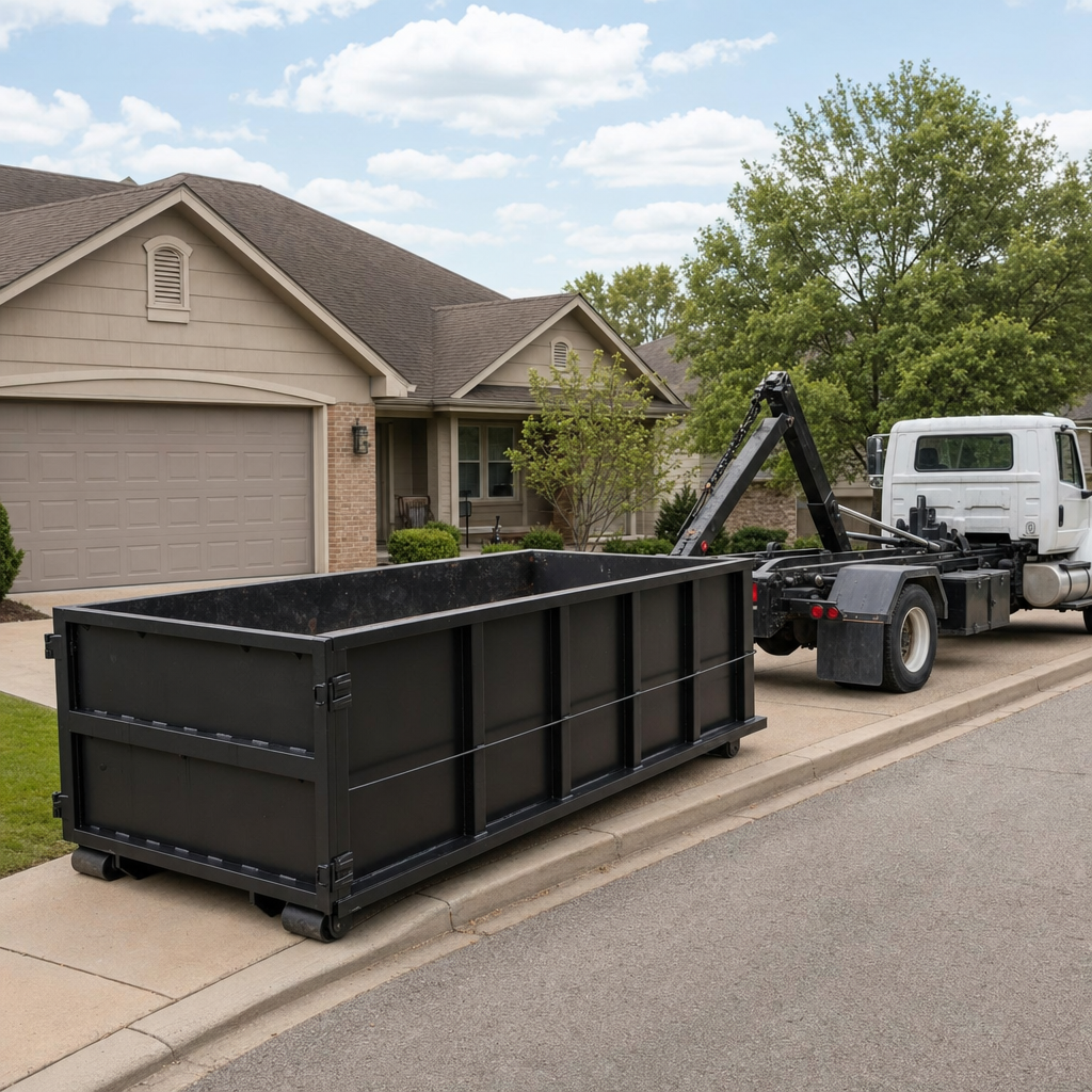 Wide documentary shot of a matte-black roll-off dumpster on a Westminster residential driveway in the foreground and a contractor jobsite container in the soft-focus background, bright daylight, calm and orderly composition.