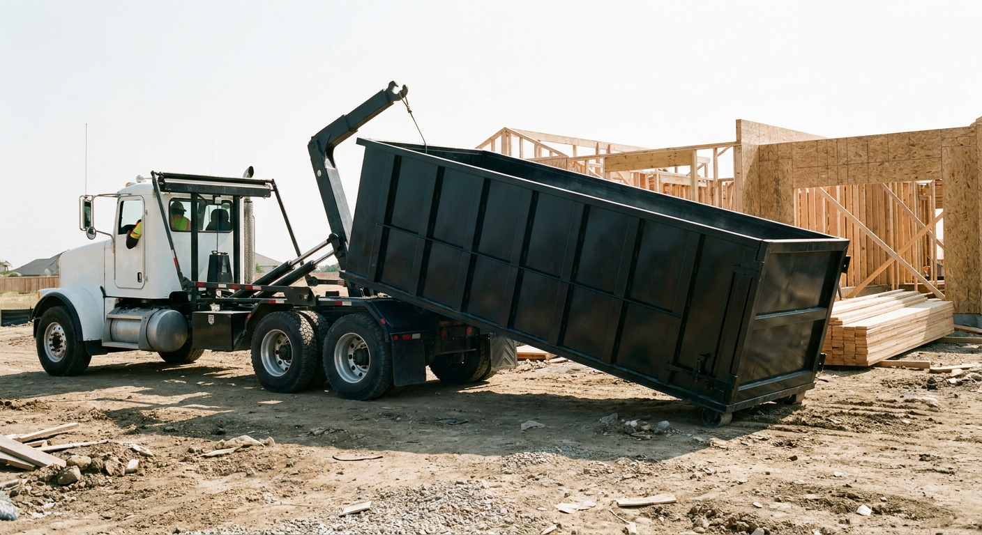Matte-black roll-off dumpster being delivered onto a clean residential concrete driveway in Westminster by an unmarked white hooklift hauler truck, bright morning daylight, documentary 35mm perspective.